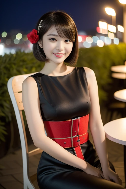 (((Top quality, 8K, Masterpiece: 1.3)), Beautiful girl, Pure, Melon face, feminine and cute, kind smile, Pure desire, Slender body, (Front), (Tilted head), ((Looking at camera) ), wearing an elegant red dress, black silky short bob hair, long flowing shoulders, round black big eyes, clear big eyes, moist red lips, sweet, sitting on a chair, cafe terrace background ,(((waist shot))),SFW, night Bokeh, Hair accessories, high_angle_shot)
