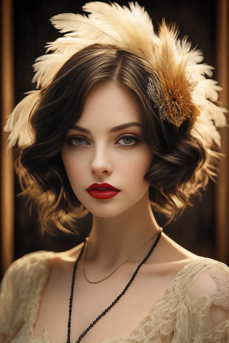 (masterpiece, best quality:1.2),bellissima, realistic, xcharleston style, 1girl, solo, hip, blue eyes, blonde hair, hair ornament, dress, jewelry, necklace, bracelet, lips, makeup, ring, feathers, lipstick, gem, curly hair, realistic, feather hair ornament, pearl necklace, pearl (gemstone)