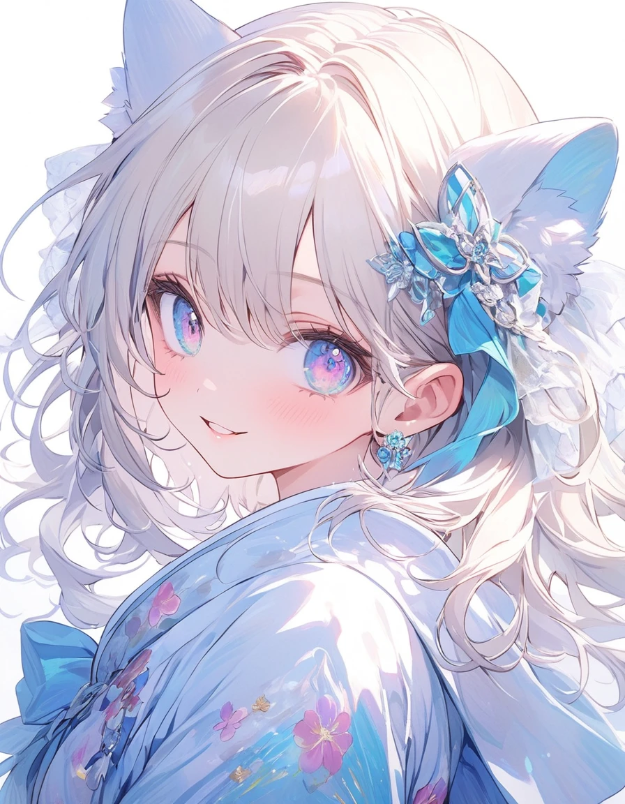 The Goddess of Healing Smiles at You. The surroundings are white、Background design with floral motif.Schneider Pastel Ink Details, Soft and wonderful, fluffy, (Very nice and beautiful), (Perfect detail)、(pastel colour),Soft texture:1.2.(masterpiece, Highest quality), (Beautiful, detailed eyes), (Detailed eyes and face),The colour is noticeably brighter.Faint and blurry outline