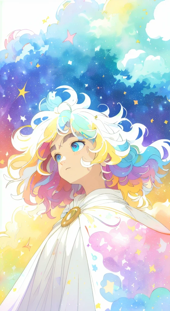 ((masterpiece)), (((best quality))), ((ultra-detailed)), ((illustration)),[realism light effect],shadow,(Fantasy style),(white background:1.6), simple background, (earth theme),(a cloak)[(hair focus,((1girl)),[(big slime hair): (cloud hair):0.3], (hair on background),(high saturation),(hair surrounded by galaxy splashes),)):((her hair is becoming galaxy clouds,:1.27628), (hair and clothes is galaxy clouds and cluster of stars:1.1025),(a cloak is becoming galaxy clouds)(colorful_galaxy_print_clusters_of_stars_print:1.35),((detailed starry sky with colorful galaxy and galaxy clouds):1.2)):0.35], (((masterpiece))),(((best quality))),((ultra-detailed)),(illustration),(dynamic angle),((floating)),(paint),((disheveled hair)),((beautiful detailed face)),collar,bare shoulders, ((colorful hair)),((streaked hair)),beautiful detailed eyes,(Gradient color eyes),(((colorful eyes))),(((colorful background))),(((high saturation))),(((surrounded by colorful splashes))),(((surrounded by colorful dot))),colorful bubble,((shining)),