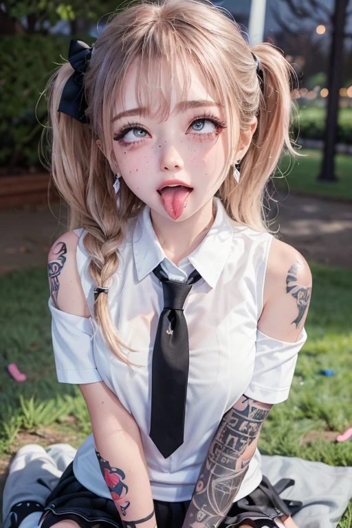 high quality, detailed,(at night:2.0),(in the park,in the park),very wet,she is  and junior high  girl wearin very wet and very transparent short sleeve white shirt and a tie,plaid skirt,(wearing black overknee socks),a mole under the eye,(tounge out,tounge out tounge out),(blushing:1.4),the whole body,the whole body,she has a lot of earrings,tattoo,tattoo,detailed background,ecstasy,orgasm,tattoo,seducing,temptation,nipples,childish body,(five used condoms are scattered on the ground)