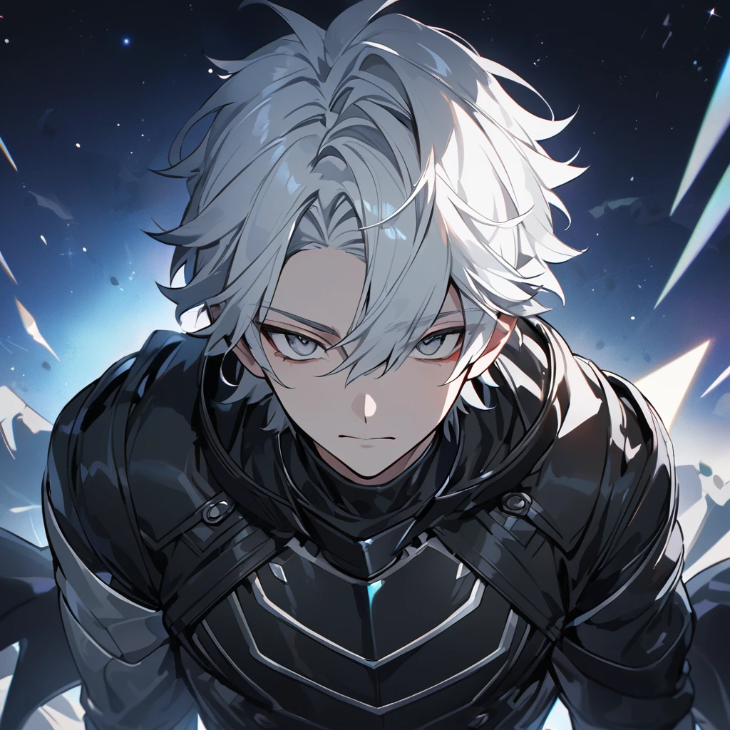 High quality, HD, 4k, no shadows, handsome male, 1male, 17 years old, teenager, short white hair, sharp eyes, grey colored eyes, deep grey eyes, grey eyes, devil may cry, close up, calm expression, stoic expression, black leather clothes, black leather clothing, lean body, well trained body, upper body, looking at viewer, cowboy shot, white solar, space background