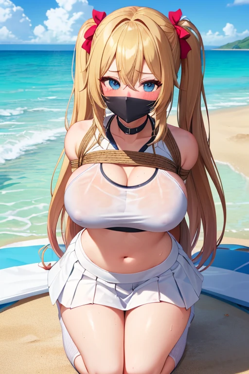 1 girls, (detailed light blue eyes, lange wimpern, detailed beautiful face:1.1), 4k quality, twintails, Haare Seiten nach oben, (Long blonde hair:1.4), (arms behind back:1.3), (big breasts:1.5), (blushing:1.5), long hair, hair between eyes, (white skirt, loose fit White crop top with a big cutout and bottom of the breasts visible, high White socks, top ist rolled Up so the bottom of the breasts are visible, skirt gets lifted Up, 18 years old:1.5), (bondage:1.3), erhobene Augenbrauen, pralle Brüste, OTN, White Gag, gagged, (knieend:1.5), (kneeling In water Close to a beach:1.6), ängstlicher Gesichtsausdruck, looking at the Viewer, Viewer very Close to her breasts