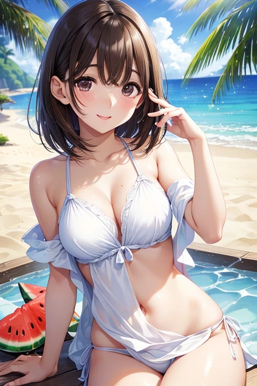 anegasaki nene、Shiny brown hair, short hair, (Beautiful brown eyes、Sparkling eyes, Fine grain)、smile、Ultra-detailed eyes、Highly detailed face, Highly detailed eyes,


Highest quality、masterpiece、High sensitivity、High resolution、One Woman、Beach、Hit the watermelon with a wooden stick to split it、Cover your eyes with a white towel、
