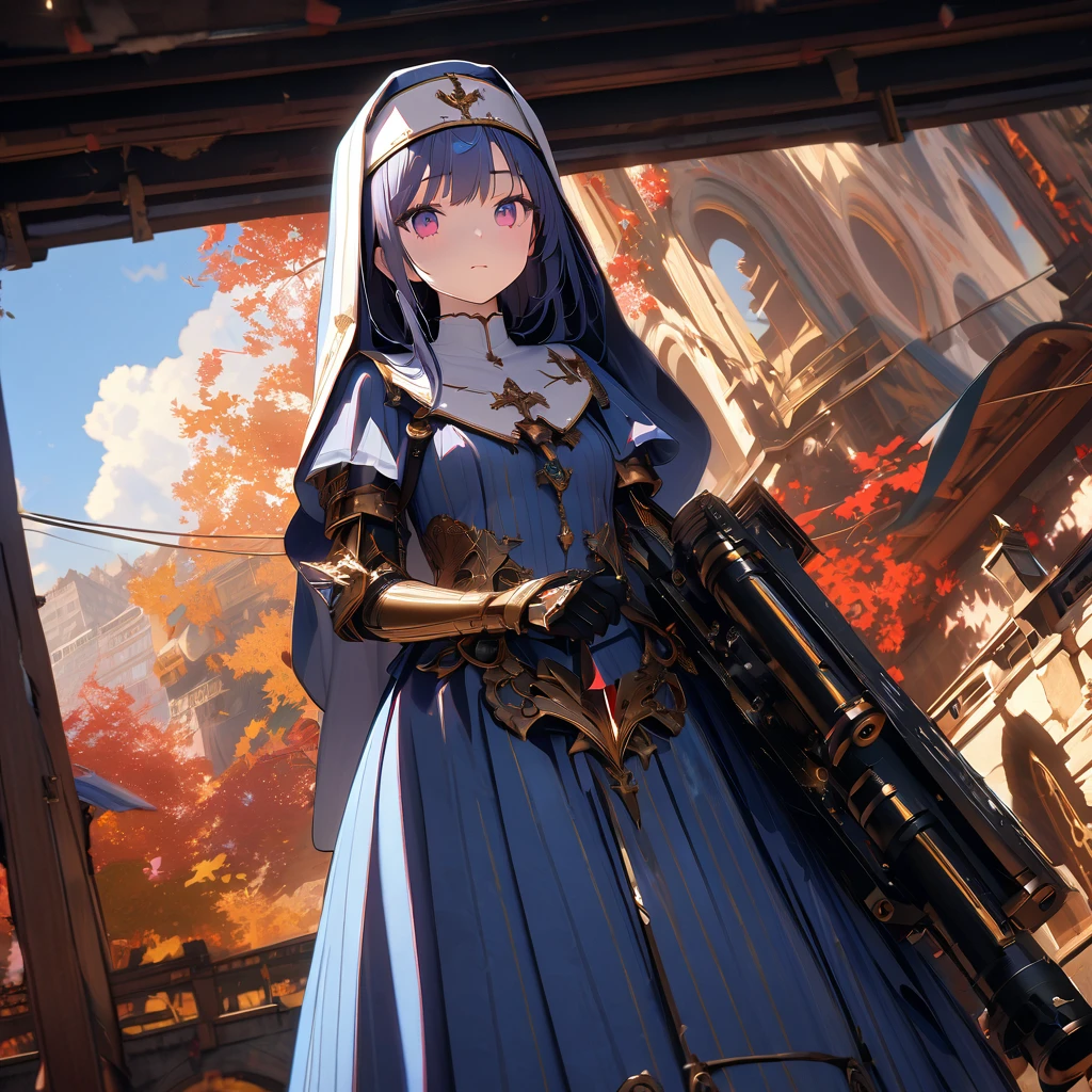 （Red and white decoration:1.2）、A mechanical angel nun equipped with a Gatling gun、（Underground Shelter:1.2）、ruins、Detailed Background、Detailed write-up、４ｋ、uhd、Absurd、Ultra Quality、Masterpiece、quality\(8k,非常に精細なCGユニットのwallpaper, masterpiece,High resolution,top-quality,top-quality real texture skin,Surreal,Increase the resolution,RAW Photos,最高quality,Very detailed,wallpaper,Cinema Lighting,Ray-tracing,Golden Ratio\),Dynamic Angle