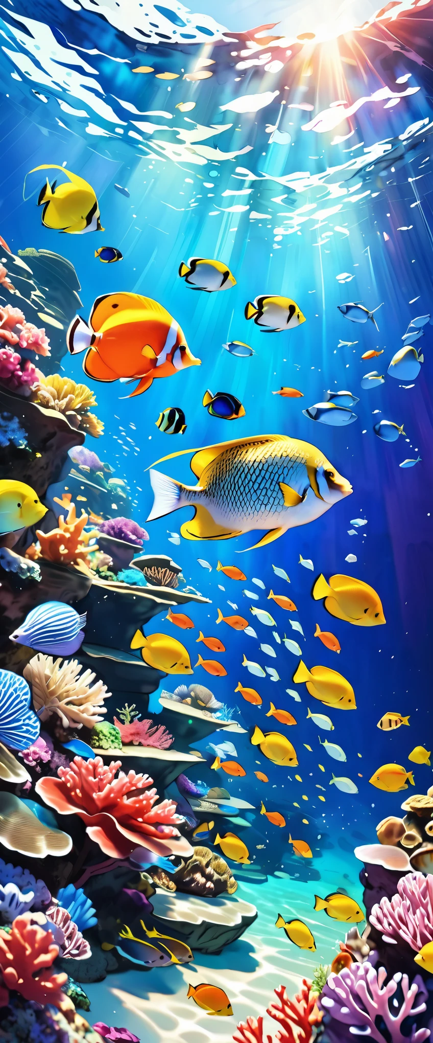 (masterpiece:1.2, Highest quality,Highest quality,Very detailedな:1.2),(Very detailed),8k,(watercolor:1.3),stylish,Coral Reef,,(A school of colorful small tropical fish:1.6),In the beautiful sea,Transparent water texture,(From below:1.3),(Cool Photos),Sunlight shining into the sea,(Beautiful gradation created by layering),(Tarashikomi technique),(splash)