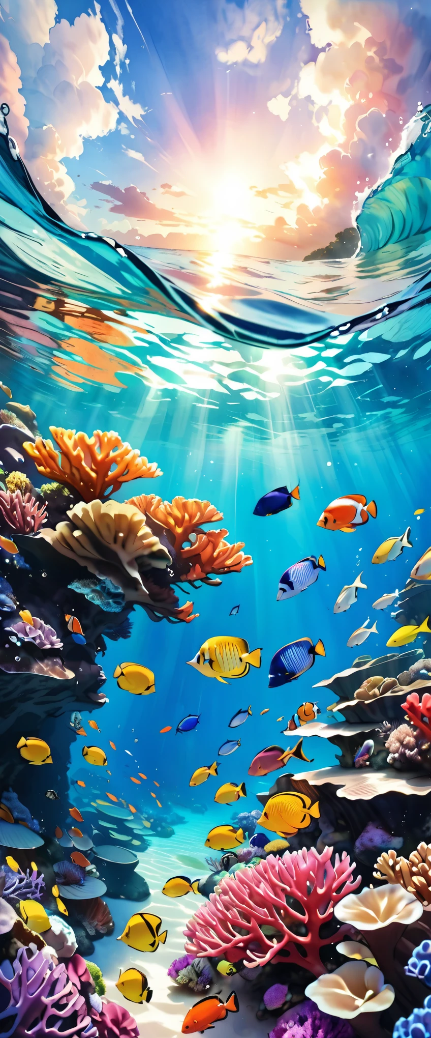 (masterpiece:1.2, Highest quality,Highest quality,Very detailedな:1.2),(Very detailed),8k,(watercolor:1.3),stylish,Coral Reef,,(A school of colorful small tropical fish:1.6),In the beautiful sea,Transparent water texture,(From below:1.3),(Cool Photos),Sunlight shining into the sea,(Beautiful gradation created by layering),(Tarashikomi technique),(splash)