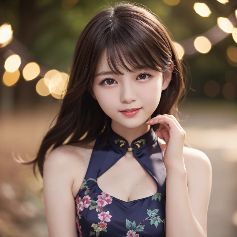 masutepiece, Best Quality, 8K, 8years old, Teen, Raw photo, absurderes, award winning portrait, Smile, Solo, Idol face, Delicate girl, Upper body, Digital SLR, Looking at Viewer, Candid, Sophisticated,Thin arms, Professional Lighting, Film grain, chromatic abberation, (Eyes and faces with detailed:1.0), (Bokeh:1.1) , (Glamorous cheongsam:1.1) , closes mouth , A dark-haired , drooing eyes , large full breasts , (Thick lip:1.2) , 15-year-old face , red-lips , de pele branca