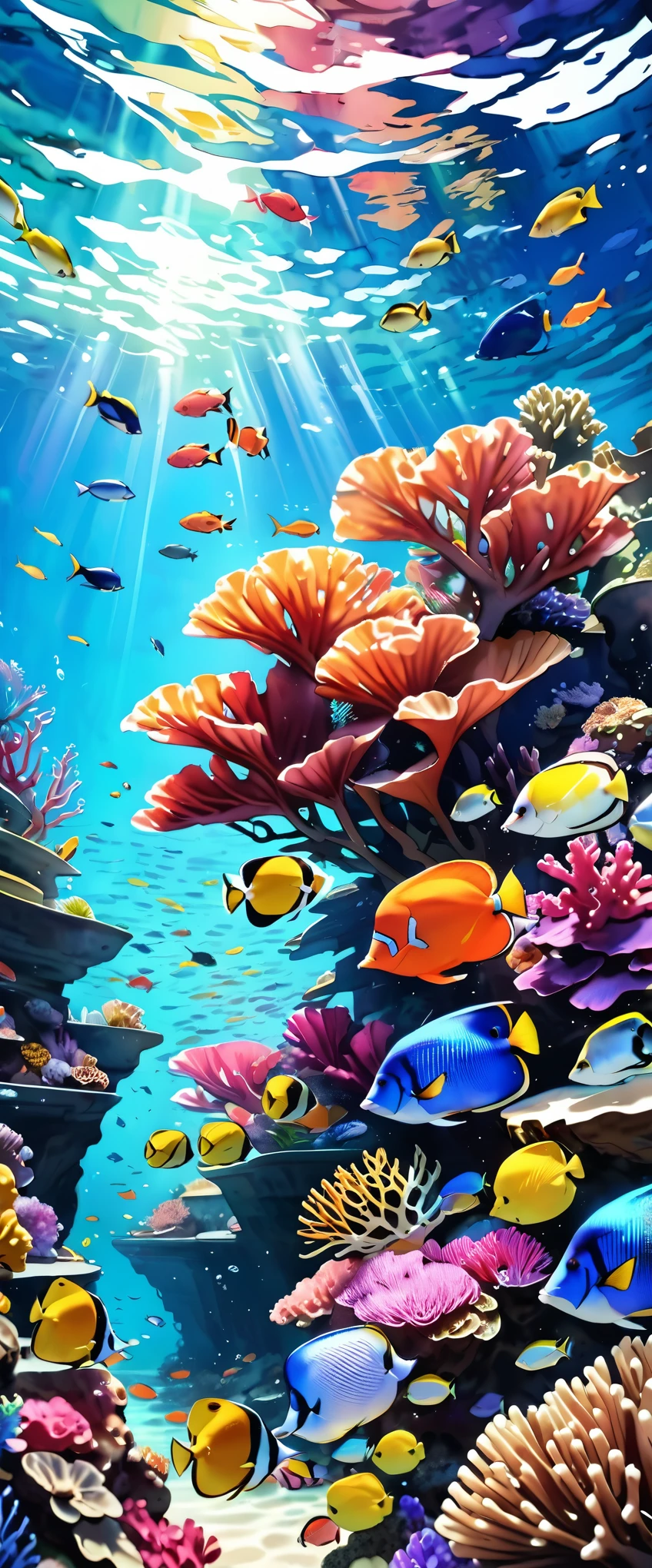 (masterpiece:1.2, Highest quality,Highest quality,Very detailedな:1.2),(Very detailed),8k,(watercolor:1.3),stylish,Coral Reef,,(A school of colorful tropical fish:1.6),In the beautiful sea,Transparent water texture,(From below:1.3),(Cool Photos),Sunlight shining into the sea,(Beautiful gradation created by layering),(Tarashikomi technique),(splash)