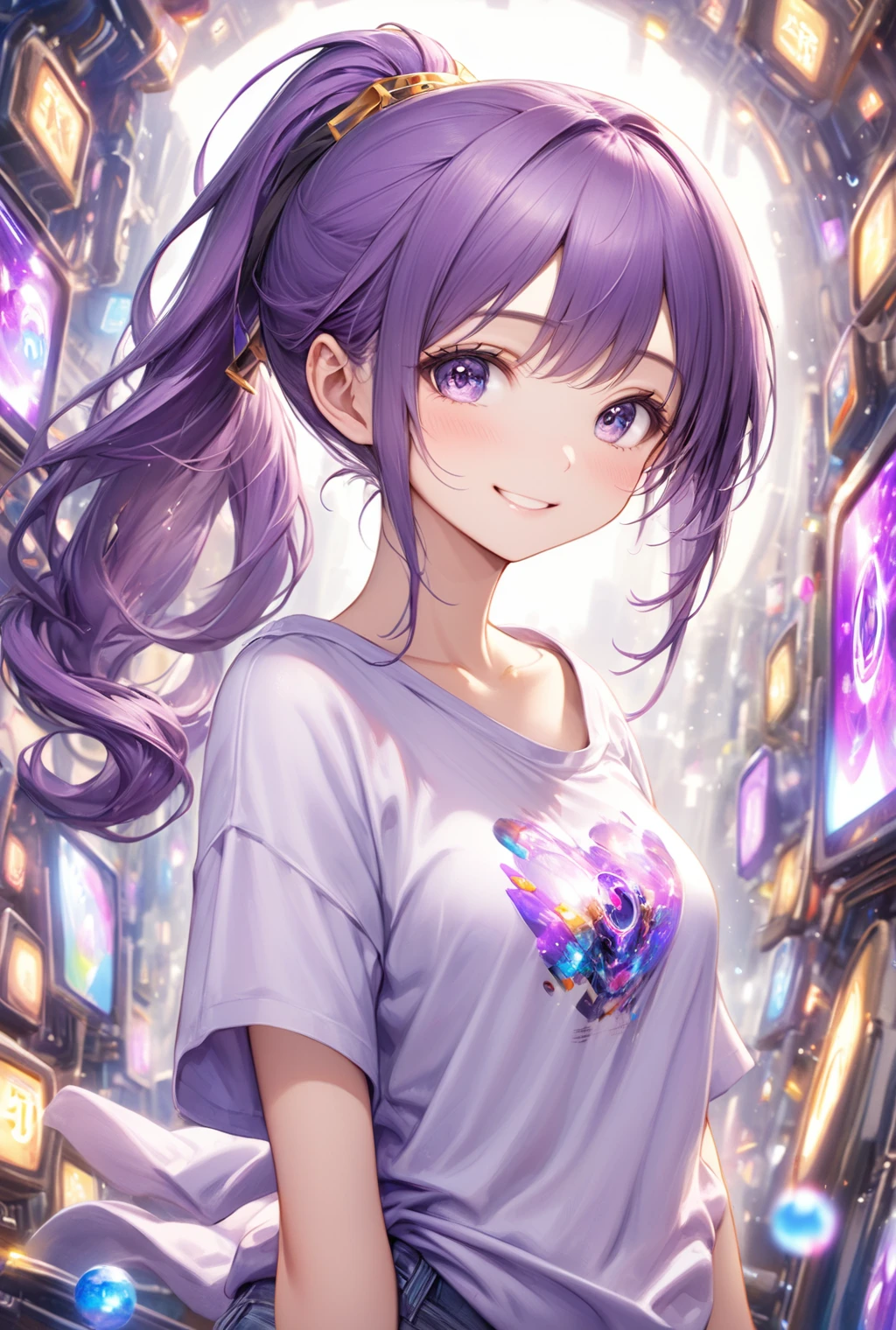 (Highest quality, 8k, 32K, masterpiece, Ultra-high resolution,:1.2),born, One girl,Super cute , Natural light,Clear, shining eyes, 20-year-old ,Fair skin, Girl with purple hair, Wearing an open-necked T-shirt, Sexy pose, An innocent smile, A fantasy background reminiscent of an electronic world, ponytail