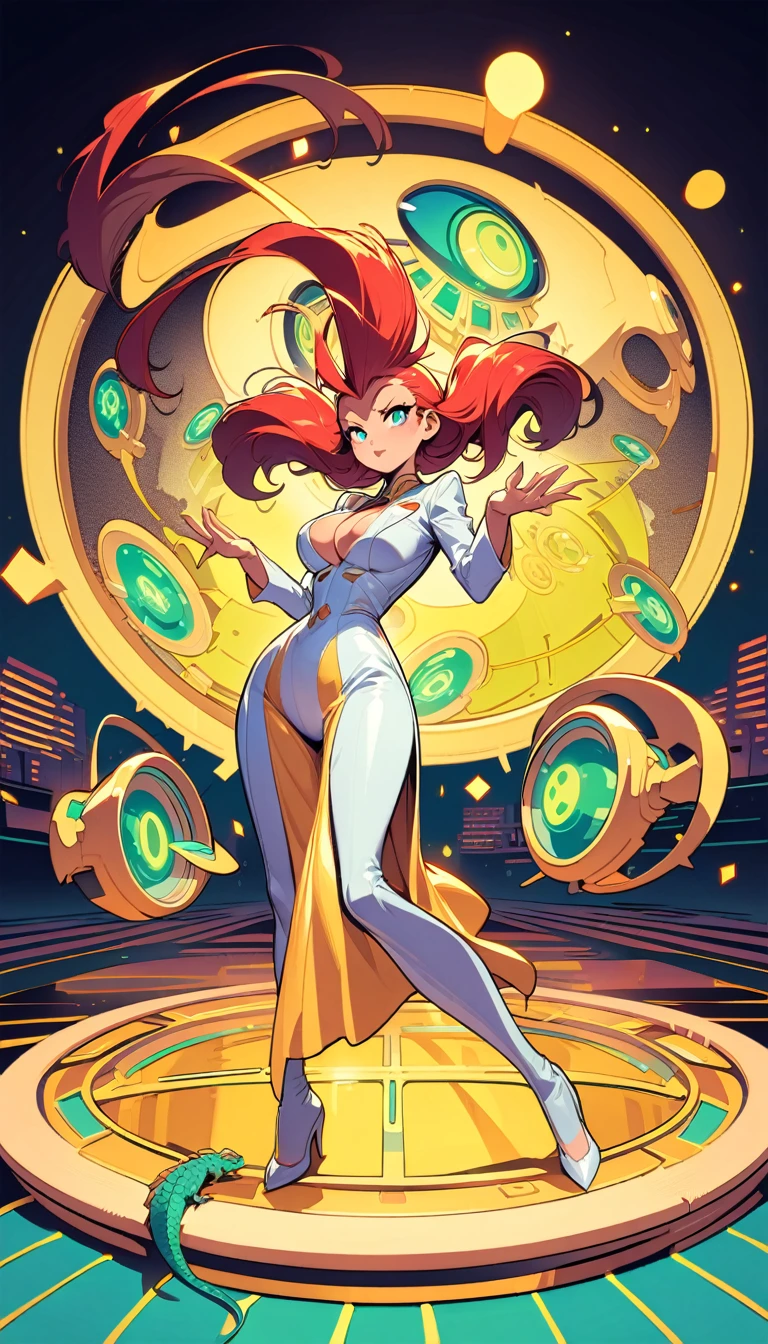 ((best quality)) , ((masterpiece)) , (detailed),Illustration of a Hearthstone card game character, a lizard in a white suit with a red mohawk dancing on a golden dance floor, with yellow lights and green decorations in the background, in the style of a cartoon.retro-futuristic . vintage sci-fi, 50s and 60s style, atomic age, vibrant, highly detailed