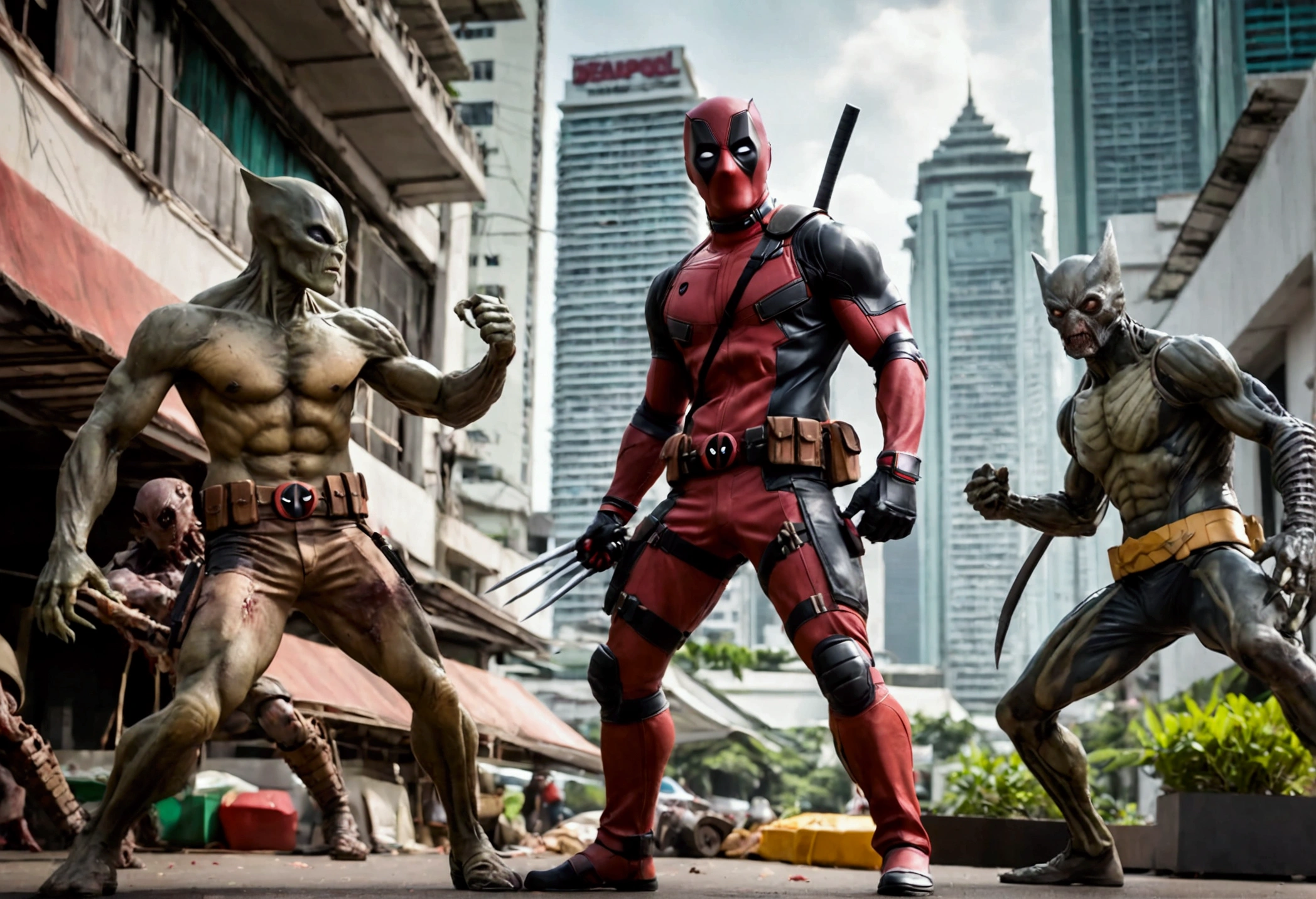 Deadpool and Wolverine stand back to back in fighting stance, they are surrounded by (alien mutant ninja zombie cyborgs), downtown Bangkok (Extremely complex)