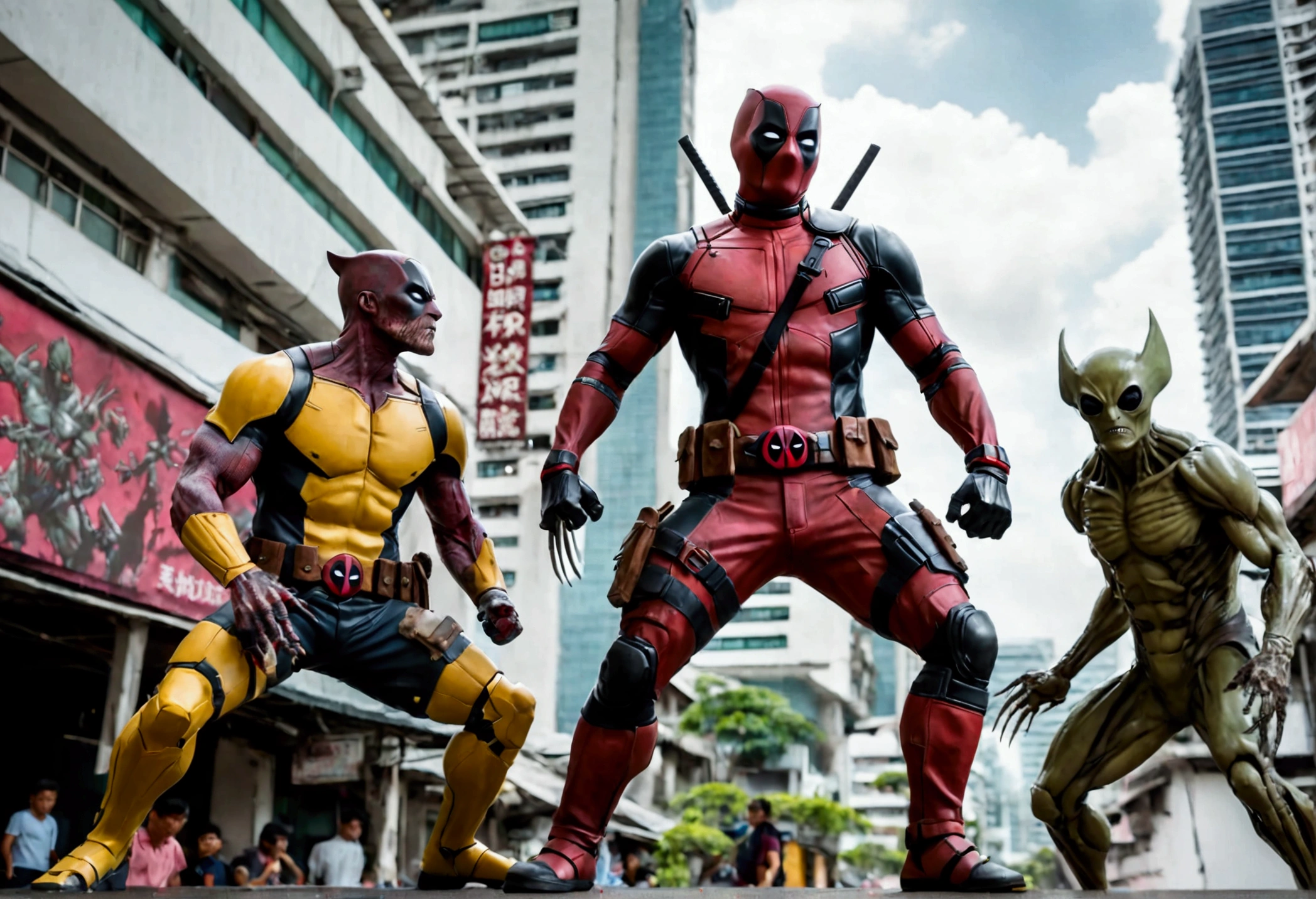 Deadpool and Wolverine stand back to back in fighting stance, they are surrounded by (alien mutant ninja zombie cyborgs), downtown Bangkok (Extremely complex)