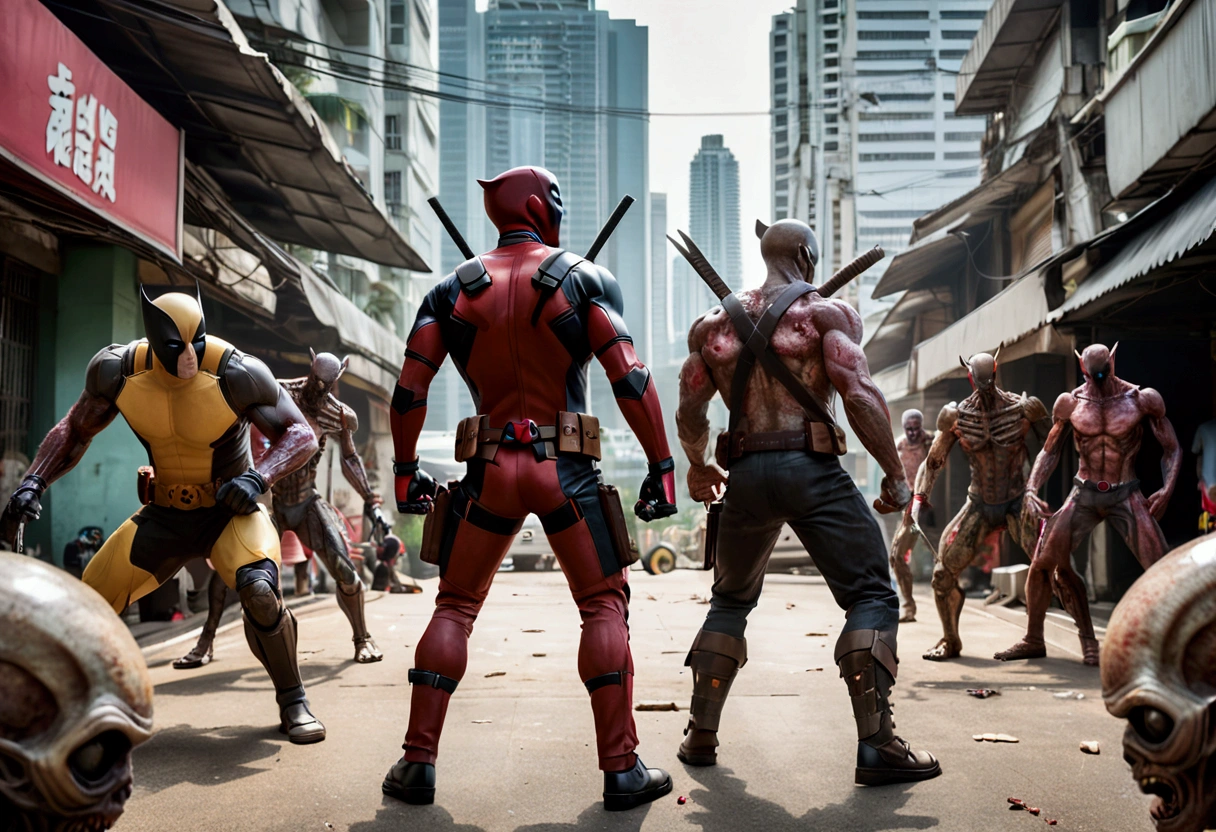 Deadpool and Wolverine stand back to back in fighting stance, they are surrounded by (alien mutant ninja zombie cyborgs), downtown Bangkok (Extremely complex)
