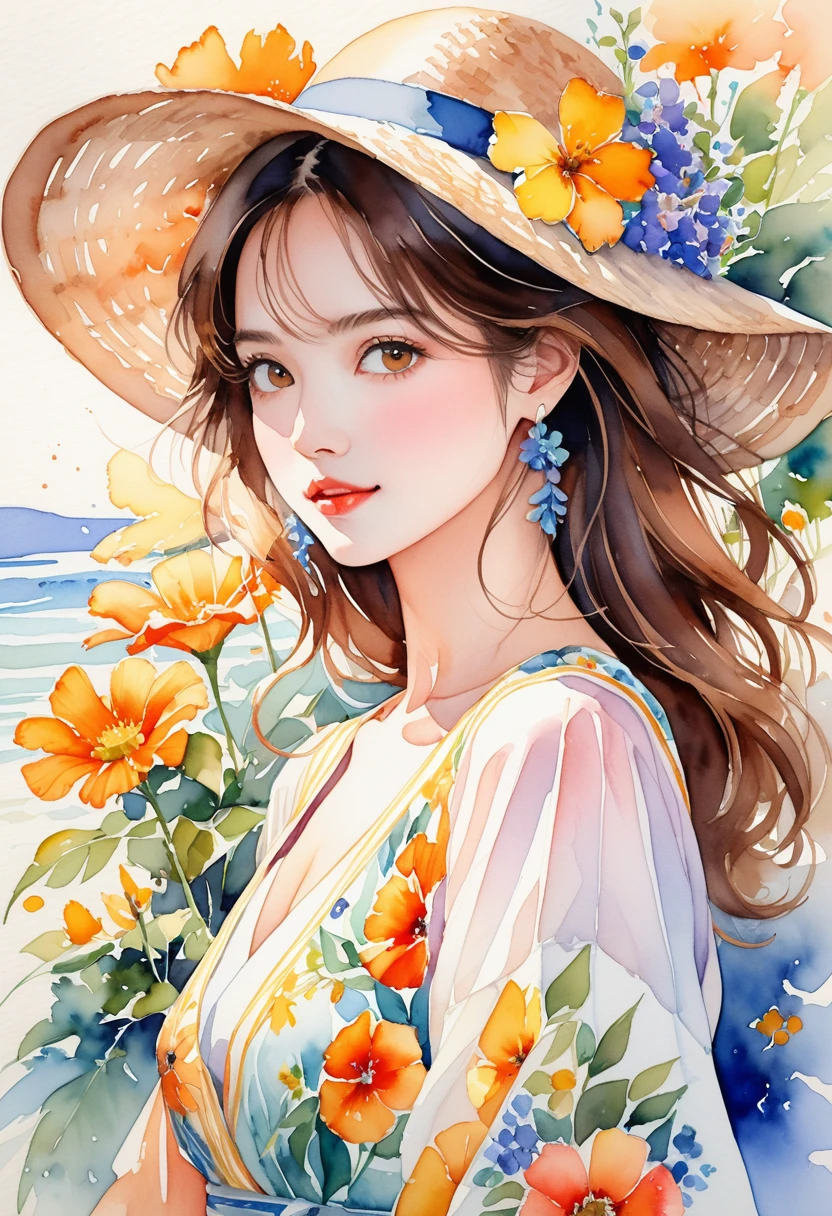 A very detailed watercolor painting, Has flowers that are reminiscent of summer, Depicting a beautiful woman