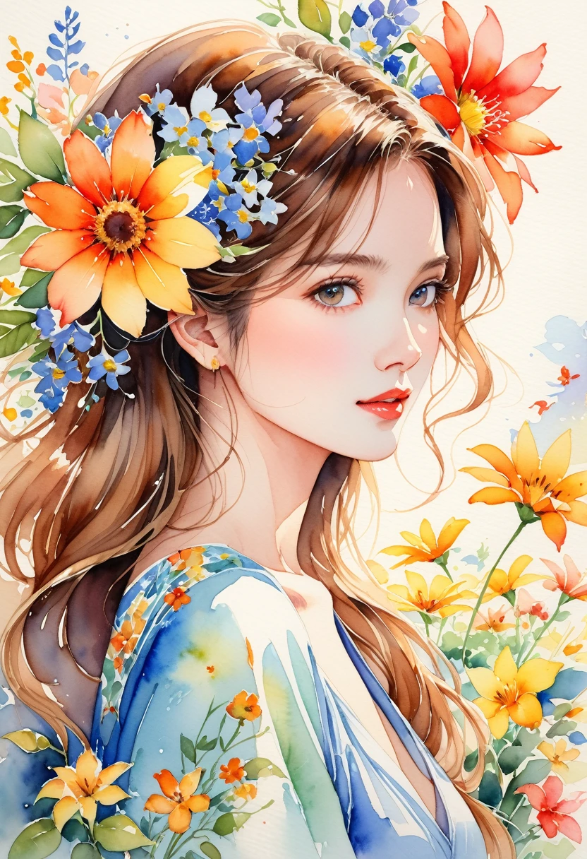 A very detailed watercolor painting, Has flowers that are reminiscent of summer, Depicting a beautiful woman