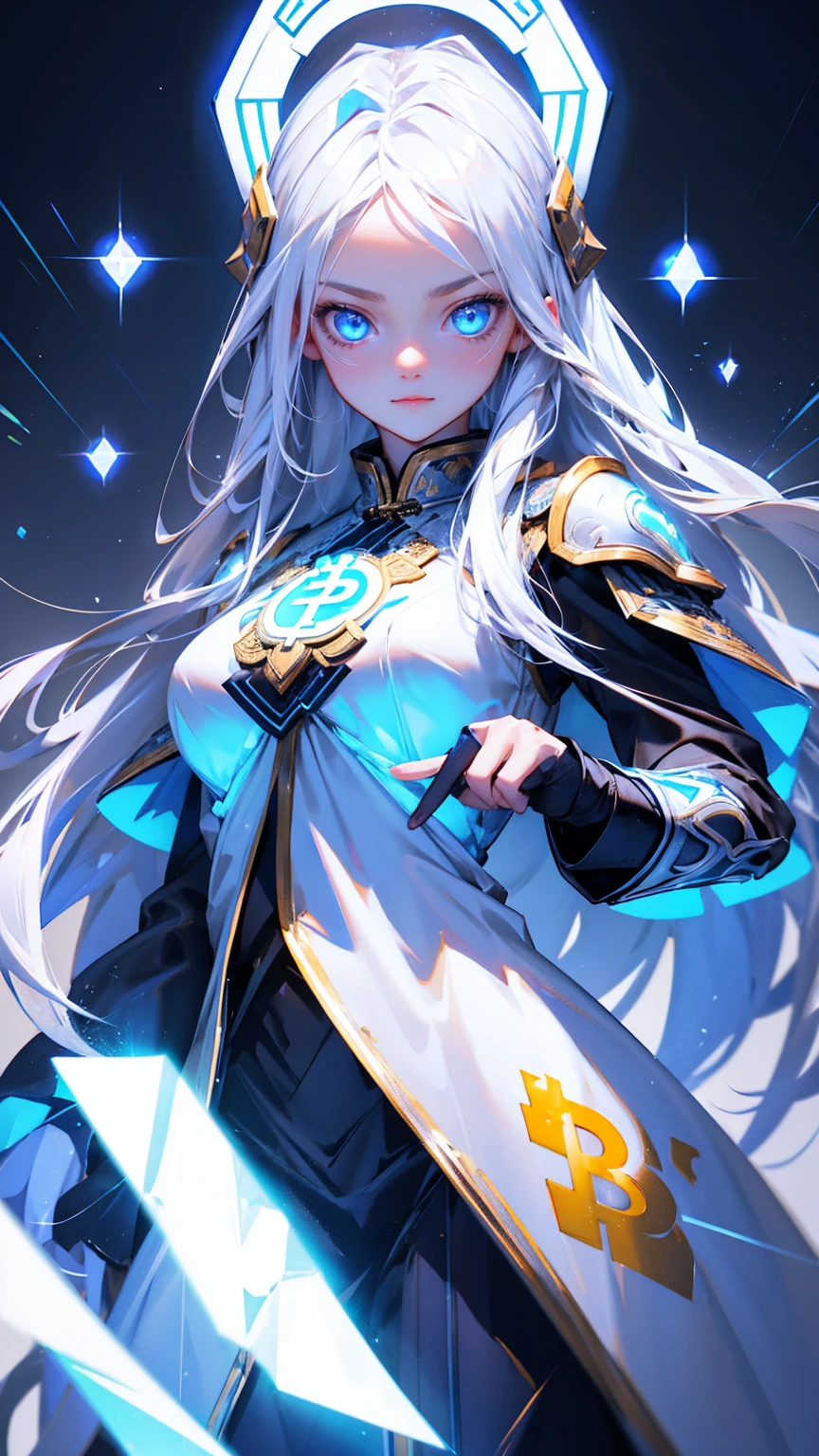 a logo with cute girl blue eyes, bitcoin symbols in eyes, forehead bitcoin symbols, long white hair, wearing ancient Asian armor and helmet with glowing crystals on top, grey background
