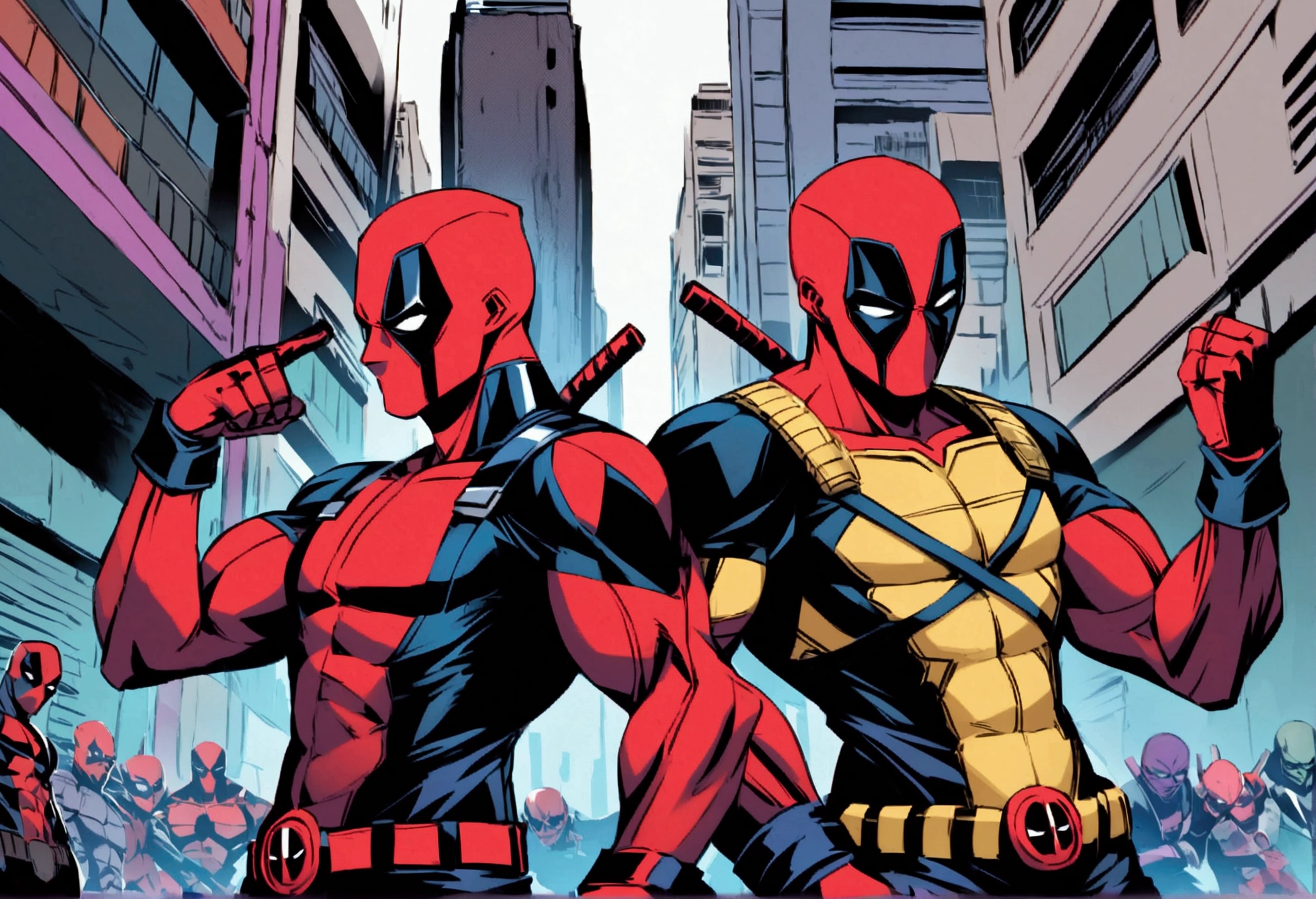 Deadpool and Wolverine stand back to back in fighting stance, they are surrounded by (alien mutant ninja zombie cyborgs), downtown Bangkok (Extremely complex)
