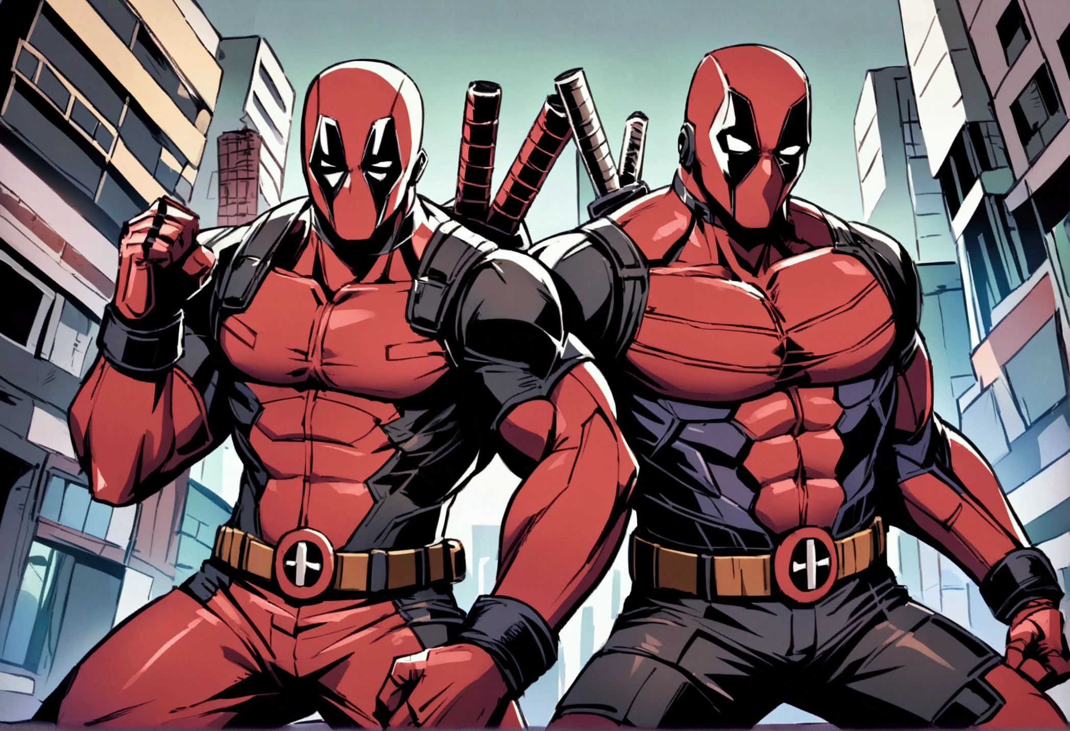 Deadpool and Wolverine stand back to back in fighting stance, they are surrounded by (alien mutant ninja zombie cyborgs), downtown Bangkok (Extremely complex)
