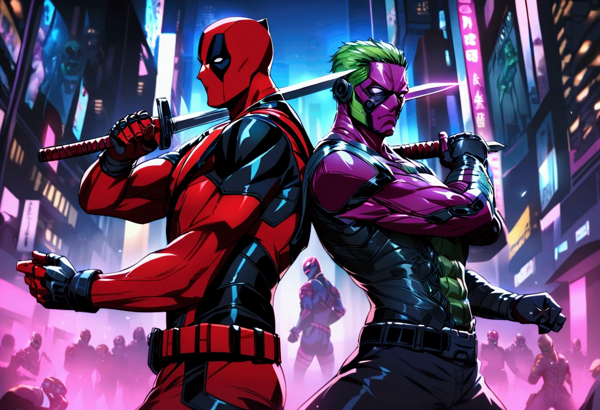 Deadpool and Wolverine stand back to back in fighting stance, they are surrounded by (alien mutant ninja zombie cyborgs), downtown Bangkok (Extremely complex)