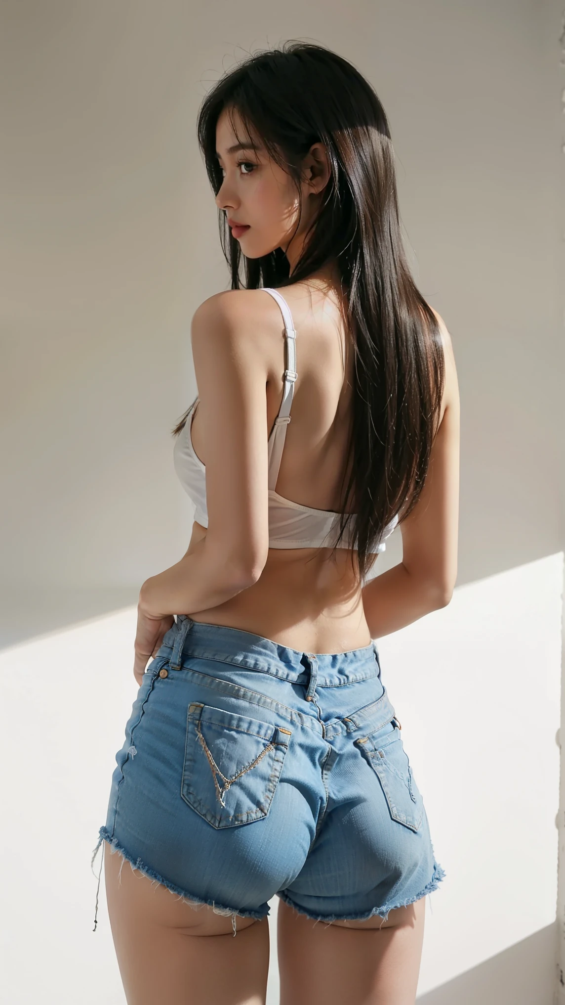 Young beautiful woman wearing white thong g-string made of denim fabric. flat chested. denim fabric stockings. perfect vertical ass. long hair. facing back towards the sun