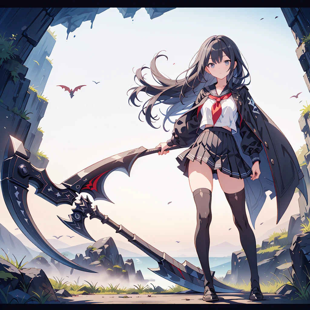 (masterpiece, Highest quality), (perfect athletic body:1.2), (Thin Hair), Very detailed, Anime Style, whole body, alone, Vampire Hunter, Black Sailor Suit, big grim reaper scythe, Black Hair, High Boots, Standing in the Wilderness,Navy blue knee socks,Black Loafers、 8K high resolution, White Background, whole body,