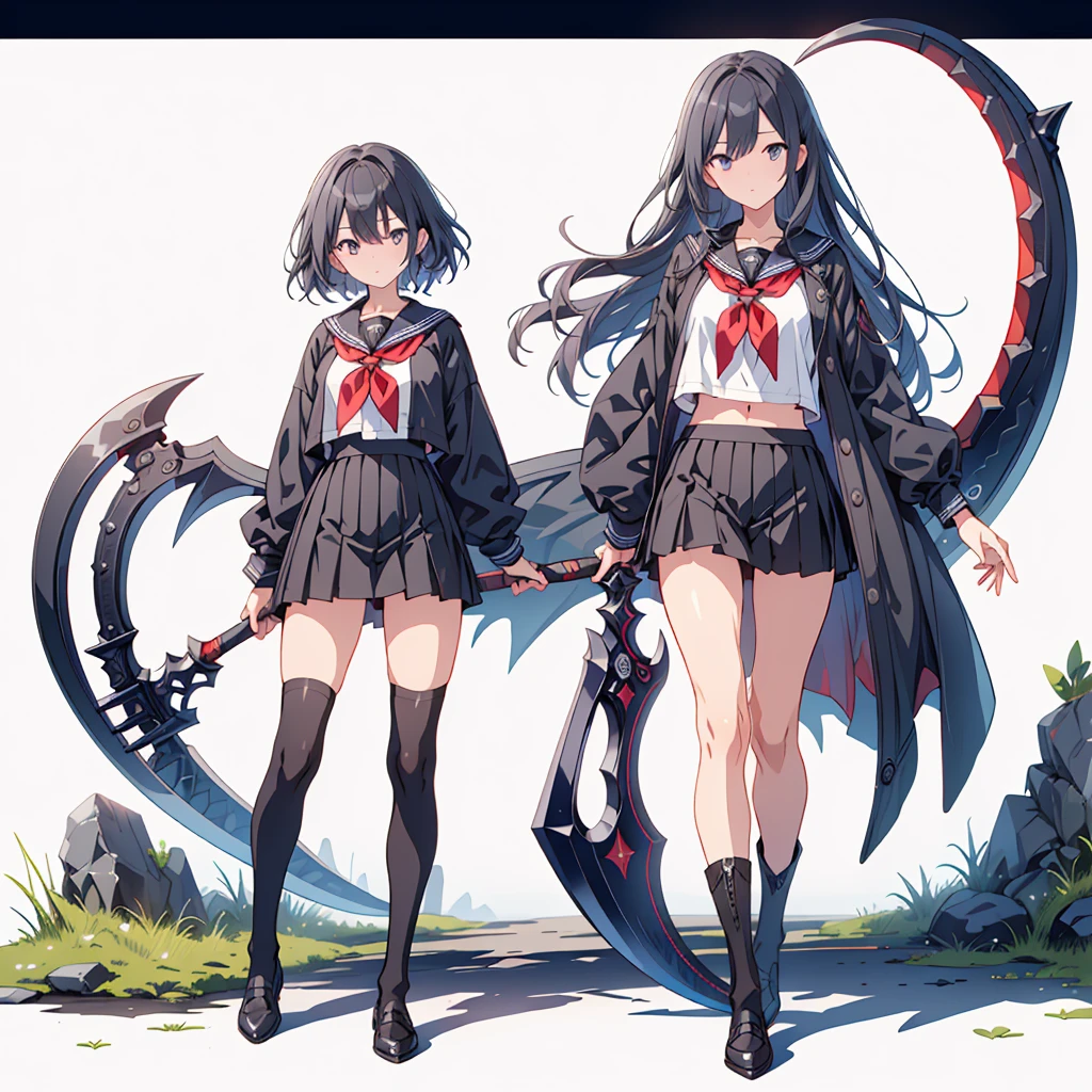 (masterpiece, Highest quality), (perfect athletic body:1.2), (Thin Hair), Very detailed, Anime Style, whole body, alone, Vampire Hunter, Black Sailor Suit, big grim reaper scythe, Black Hair, High Boots, Standing in the Wilderness,Navy blue knee socks,Black Loafers、 8K high resolution, White Background, whole body,