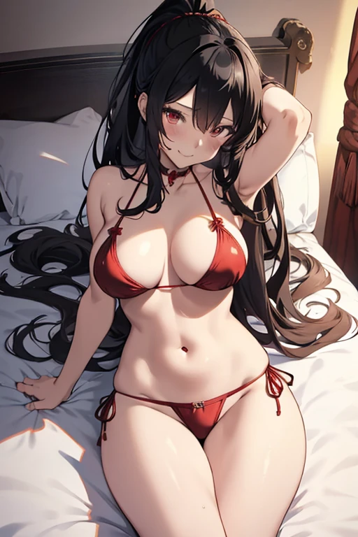 nsfw,8k,Masterpiece,(Red Bikini),A woman wearing separate armor,Mature Woman,28 years old,Bikini Armor, Lying in bed,The world of fantasy games set in another world,Sexy anime characters,Slender figure,Cleavage,belly button,ponytail,Black Hair,Long Hair,Shy smile,Flushed Cheeks, Knight Girl, Very detailed fan art, Detailed digital anime art, Anime Goddess, Anime illustration, Girl in Armor,Beautiful expression right down to your fingertips,Looking at the audience