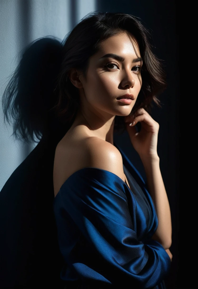 woman bathed in soft light, leaning against a wall, looking into the camera in a moment of raw emotion. Her attire is minimal, accentuating her beauty with the dramatic shadows cast by the lighting. The background is stark, with sharp contrasts highlighting the contours of her form. The blue and black palette intensifies the mood, evoking a sense of mystery and allure. Subtle film grain and meticulous shading add depth and texture, emphasizing the emotional gravity of the scene. The lighting creates a chiaroscuro effect, accentuating her expressive pose and the intense atmosphere.