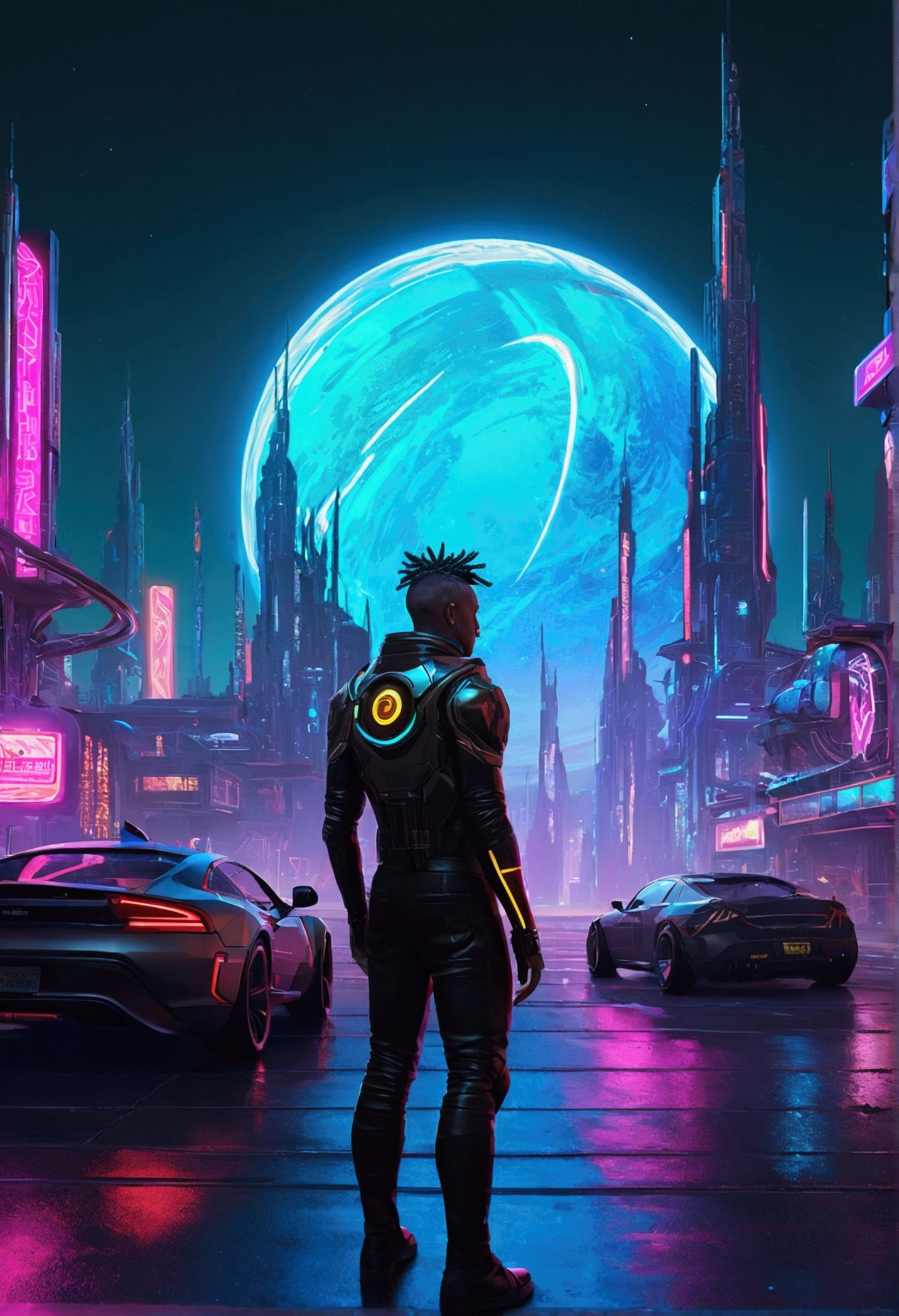 "Cyberpunk Inspired, A neon-filled world, I was mesmerized by the surreal sight of a ringed planet dominating the sky., Filled with fascinating digital art."