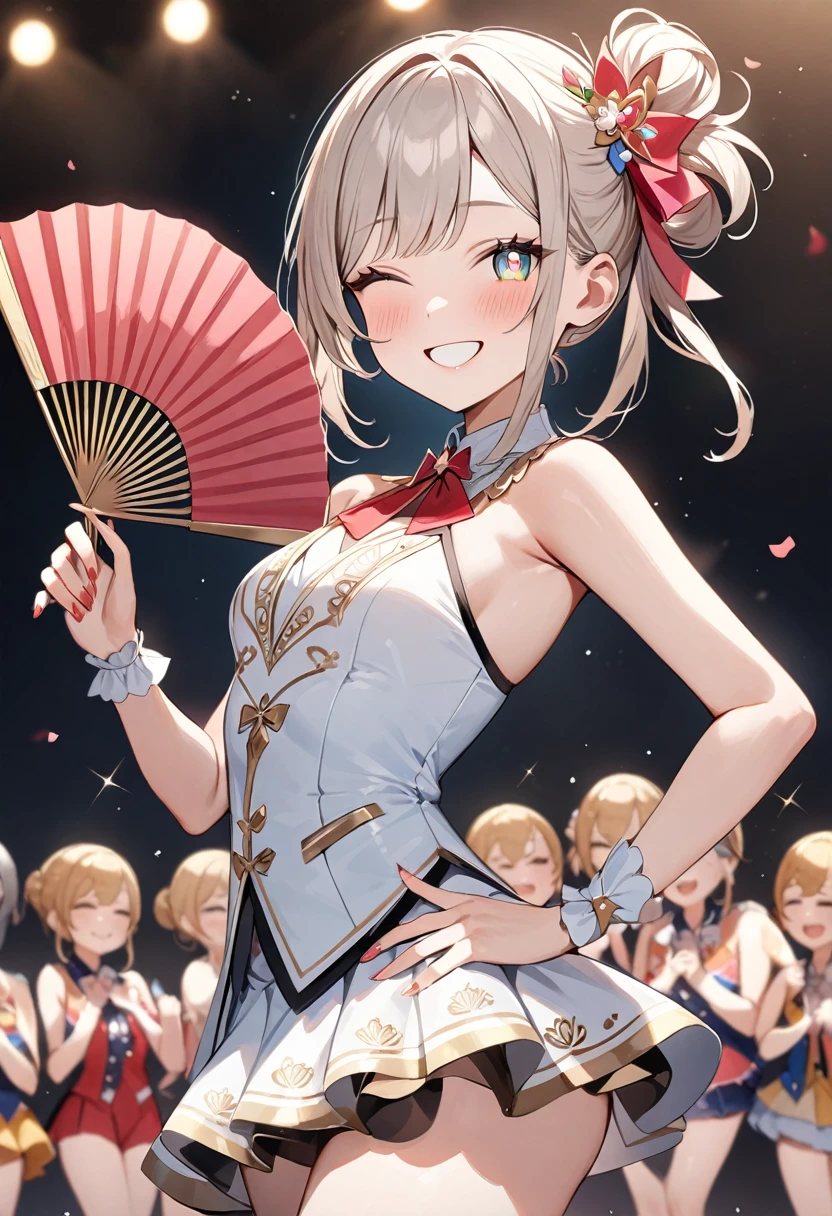 (masterpiece, top quality, very aesthetic, 4k、illustration), intricate detail, 1woman,、solo,contrapposto 、,(cowboy shot)、(pupils sparkling),Cute ,closed eyes、pose、fan service、happy smile、Random Hairstyle、Random Hair Color、,middle hair,sidelock ,Random Color　eyes、idol clothes、small 、Slim 、