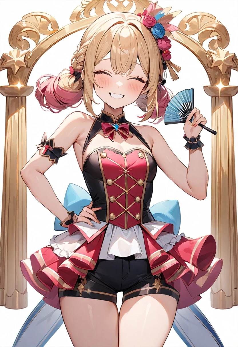 (masterpiece, top quality, very aesthetic, 4k、illustration), intricate detail, 1woman,、solo,contrapposto 、,(cowboy shot)、(pupils sparkling),Cute ,closed eyes、pose、fan service、happy smile、Random Hairstyle、Random Hair Color、,middle hair,sidelock ,Random Color　eyes、idol clothes、small breasts、Slim 、