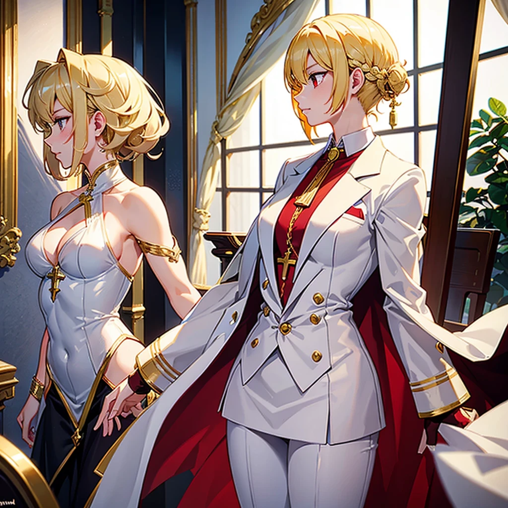Buff, blonde, young lady, red eyes, short hair, on a white suit with golden details, with a cross necklace on the neck, front profile, christian, cultured, well dressed, fully dressed, non sexualized