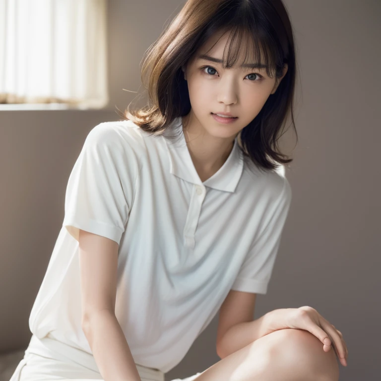 8k, High resolution, Anatomically correct, Attention to detail, On bed, Japanese women, ((Wearing tennis wear, White short-sleeved polo shirt with collar, White tennis Skirt)), (short wave hairstyle), (Show off your beautiful thighs), Beautiful Face,clear, ((Beautiful Eyes, Inviting eyes, Kind eyes)), Realistic depiction, photograph, Exquisite, clear, Textured skin, clear skin, Small face, Small Mouth, Natural Makeup, Seduce, Embarrassing, (upturned eyes:1.1), hand behind back, spread legs,