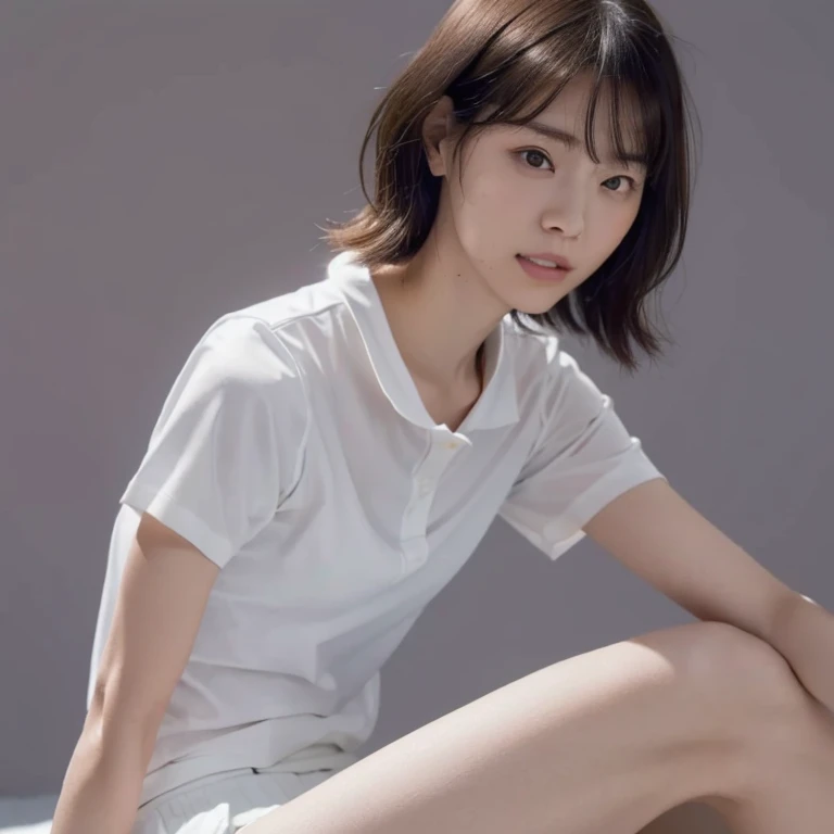 8k, High resolution, Anatomically correct, Attention to detail, On bed, Japanese women, ((Wearing tennis wear, White short-sleeved polo shirt with collar, White tennis Skirt)), (short wave hairstyle), (Show off your beautiful thighs), Beautiful Face,clear, ((Beautiful Eyes, Inviting eyes, Kind eyes)), Realistic depiction, photograph, Exquisite, clear, Textured skin, clear skin, Small face, Small Mouth, Natural Makeup, Seduce, Embarrassing, (upturned eyes:1.1), hand behind back, spread legs,