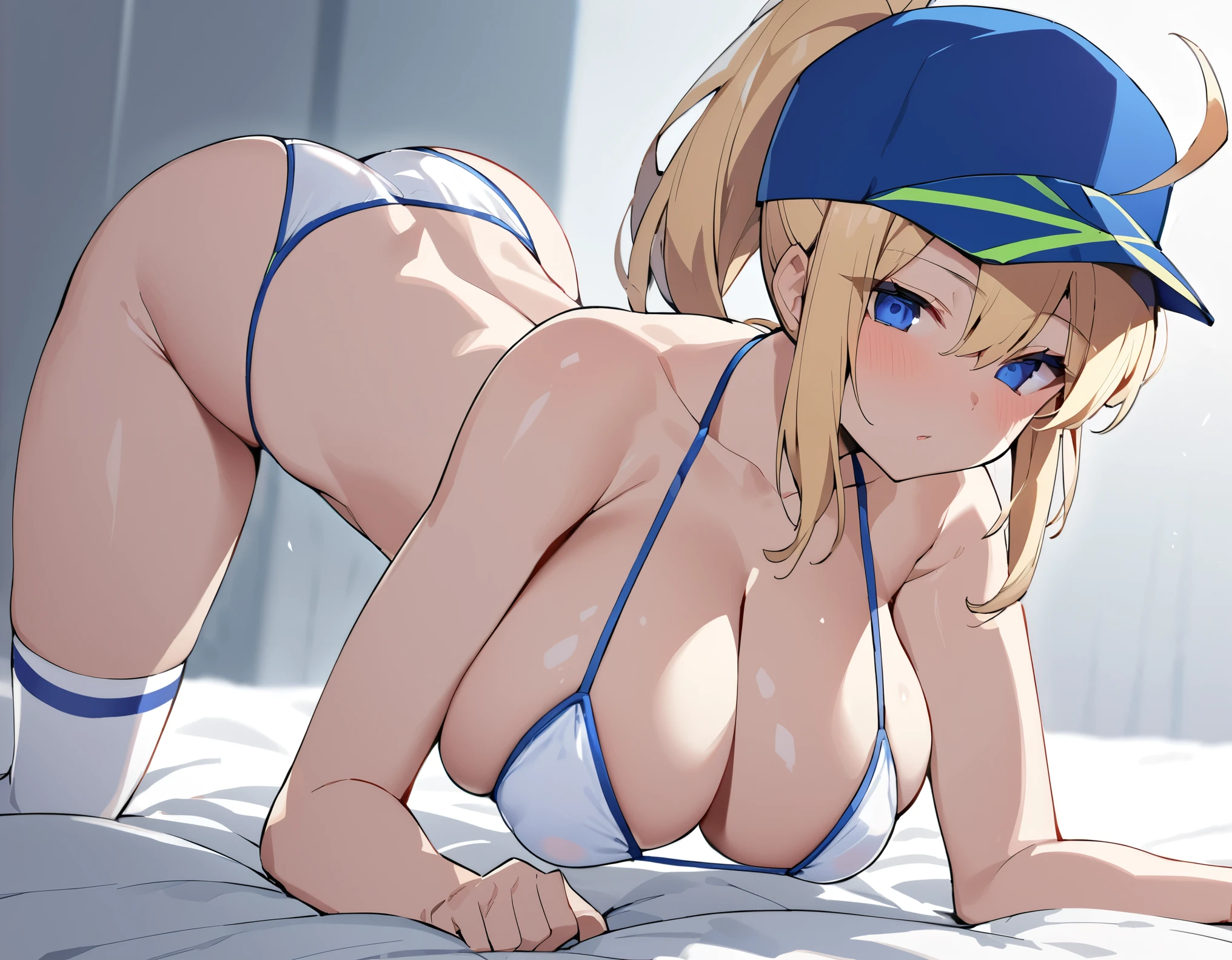 (((Highest quality,High resolution,Pixel perfect,Noise Reduction,Beautiful Anime Girls,Smooth Skin,Glowing Skin,Soft Skin,Detailed face,１people,No text,No dialogue,No sound effects,No manga))),(((Mysterious heroine XX))),(((Blonde,ponytail,Blue eyes,Blue hat,White super micro bikini,White knee-high socks))),((From the side,Bedroom,bed,On all fours,Emphasize big breasts,Cleavage))