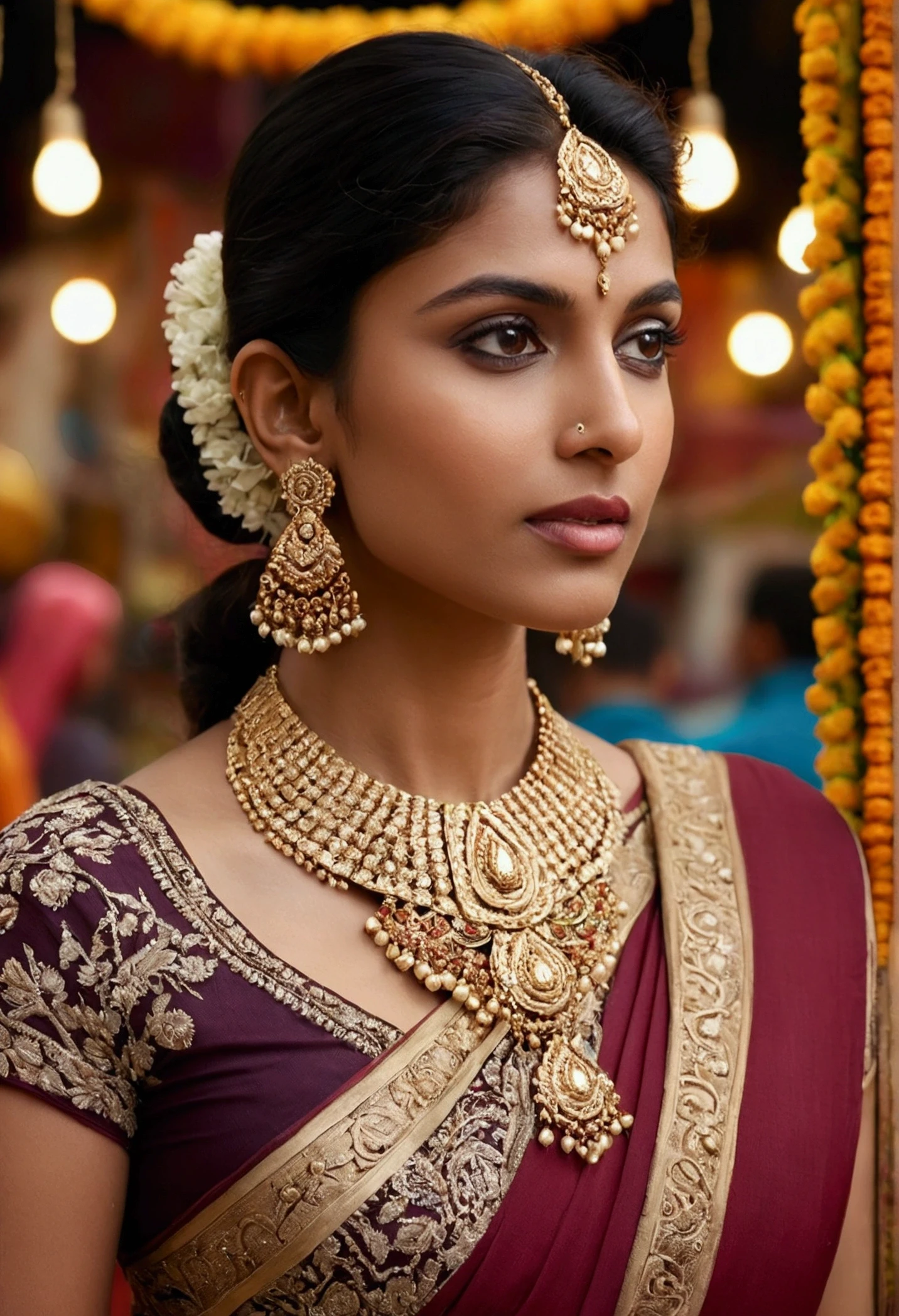 A close-up from an over-the-shoulder angle of an Indian model wearing an elaborate gold necklace and earrings, paired with a richly embroidered saree. The background features a soft-focus image of a traditional Indian market, adding a dynamic cultural element to the composition. The image is photorealistic, hyper-realistic digital, high quality, 8K Ultra HD.