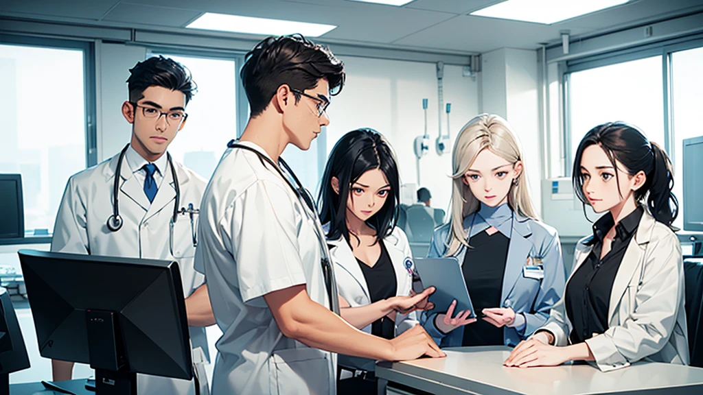 a team of medical professionals in a surgical center, looking ahead, detailed facial features, intricate medical equipment