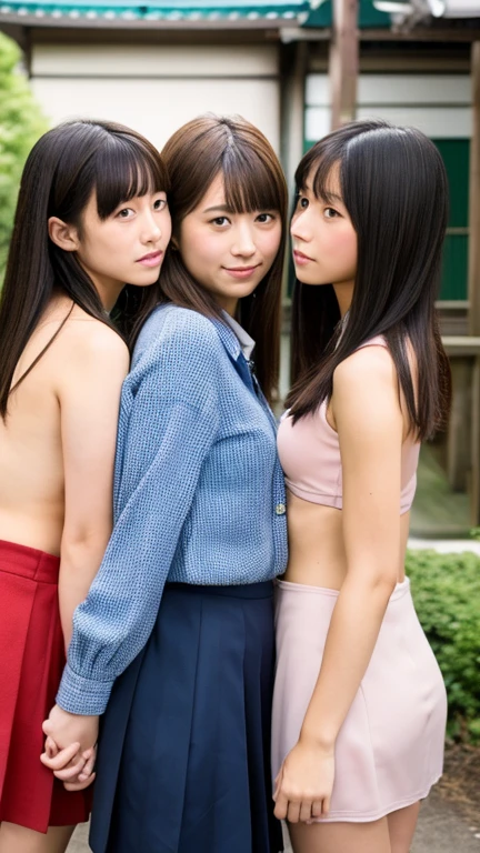 Three beautiful and cute Japanese schoolgirls stare at and lick the crotch of a middle-aged man while naked