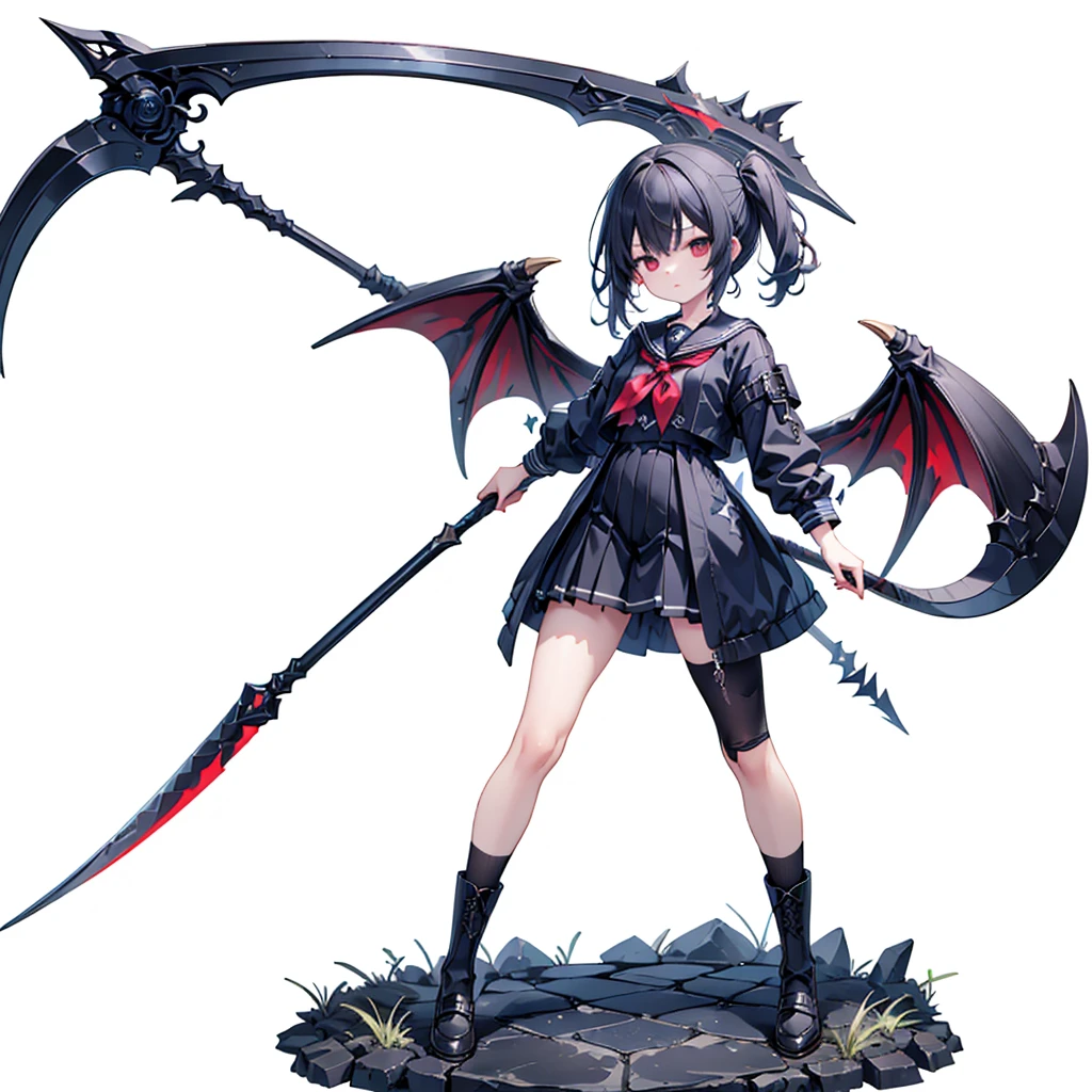 (masterpiece, Highest quality), (perfect athletic body:1.2), (Thin Hair), Very detailed, Anime Style, whole body, alone, Vampire Hunter, Black Sailor Suit, big grim reaper scythe, Black Hair, High Boots, Standing in the Wilderness,Navy blue knee socks,Black Loafers、 8K high resolution, White Background, whole body,