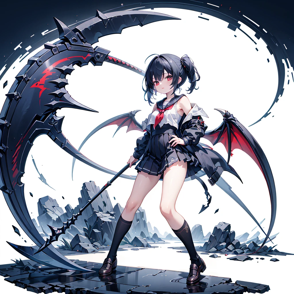 (masterpiece, Highest quality), (perfect athletic body:1.2), (Thin Hair), Very detailed, Anime Style, whole body, alone, Vampire Hunter, Black Sailor Suit, big grim reaper scythe, Black Hair, High Boots, Standing in the Wilderness,Navy blue knee socks,Black Loafers、 8K high resolution, White Background, whole body,