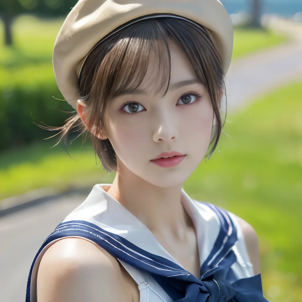 (Realistic:1.3), 8k, Healthy Photos, Realistic skin texture, (masterpiece, Highest quality, High resolution:1.2), (Very detailed, Intricate details, High resolution), Textured skin, Skin pores, Intricate details, One Girl, Straight Short Hair,whole body,Ultra mini skirt,(Sailor suit),Beautiful Skin,Realistic Face,(Has a glass sword)