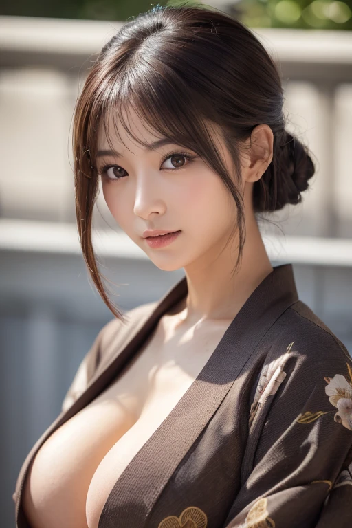((Highest quality, In 8K, masterpiece)), Sharp focus :1.2, Beautiful woman with perfect figure :1.4, Slim Abs :1.2, ((Dark brown hair, Big Breasts :1.4)), (Wearing a white button-up shirt, Jean :1.1), City Street:1.2, Highly detailed face and skin texture, Detailed eyes, double eyelid,a close up of a woman In kimono dress posing for a picture, Japanese Goddess, Japanese Model, huge ,Drawing cleavage,tits, In kimono, Japanese women,shoulders protruding,