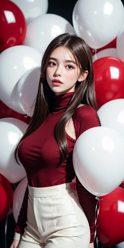 masterpiece, best quality, highly detailed background, perfect lightingbest quality,fashion portrait photo of beautiful young woman from the 60s wearing a red turtleneck standing in the middle of a ton of white balloons, taken on a hasselblad medium format camera