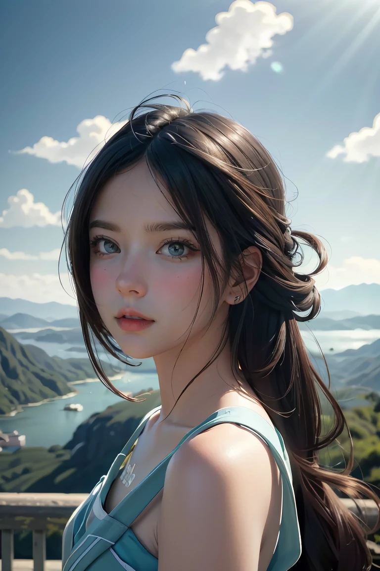1girl, (masterpiece, best quality:1.2), (masterpiece, best quality:1.2), landscape, Aerial perspective view, tropical mountains, landscape indigo accent, Mythoiogy, cinematic,detailed, atmospheric,backlit,epic, cinematic, conpect art, matte painting, beautiful scenery, realistic lighting, masterpiece, high quality, beautiful graphics, high detail, ultra detailed, cinematic lighting, HDR, ilustration,