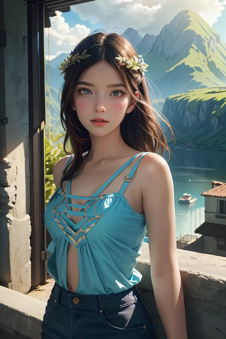 1girl, (masterpiece, best quality:1.2), (masterpiece, best quality:1.2), landscape, Aerial perspective view, tropical mountains, landscape indigo accent, Mythoiogy, cinematic,detailed, atmospheric,backlit,epic, cinematic, conpect art, matte painting, beautiful scenery, realistic lighting, masterpiece, high quality, beautiful graphics, high detail, ultra detailed, cinematic lighting, HDR, ilustration, 