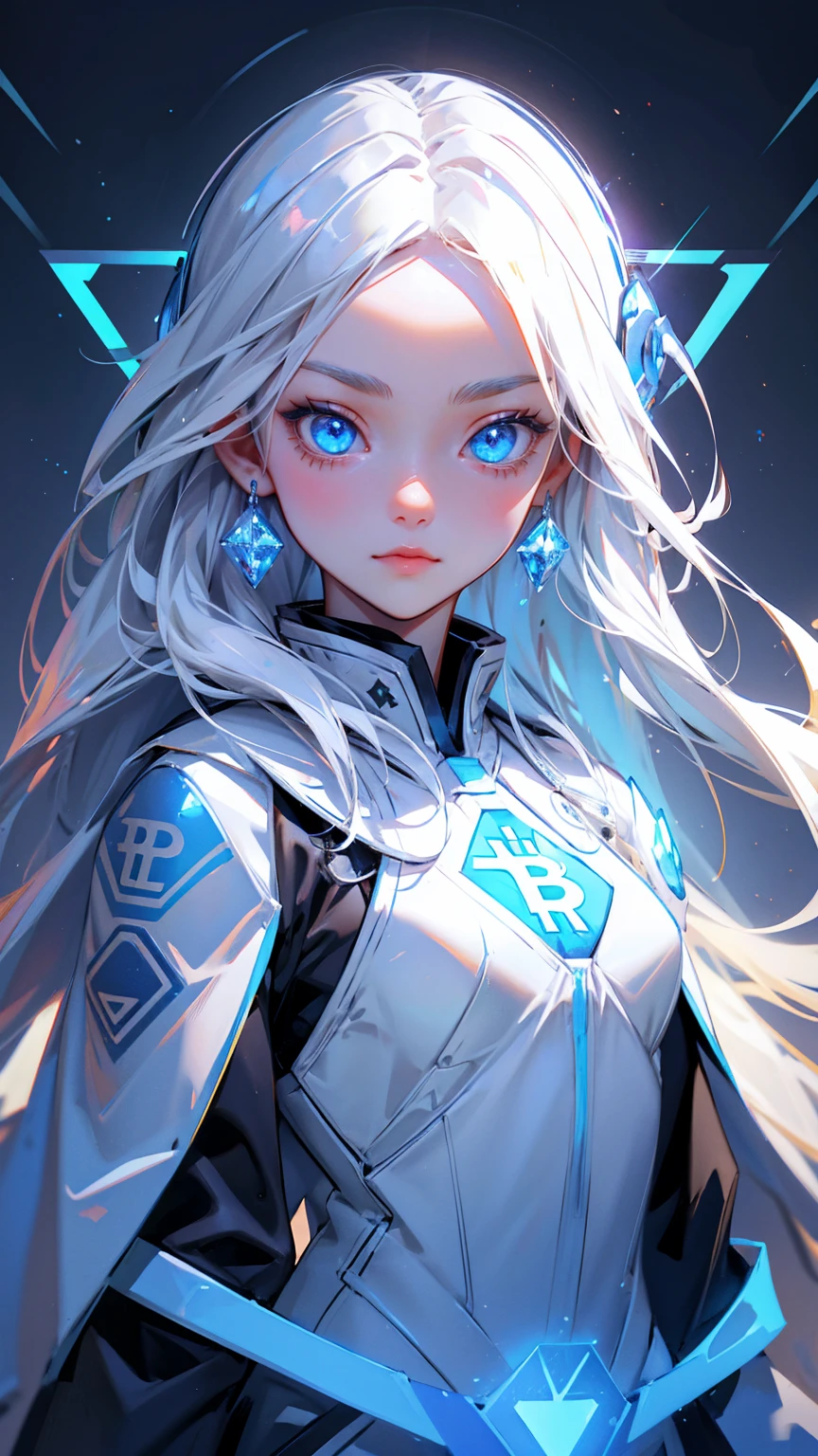 a logo with cute girl blue eyes, bitcoin symbols in eyes, forehead bitcoin symbols, long white hair, wearing ancient Asian armor and helmet with glowing crystals on top, grey background
