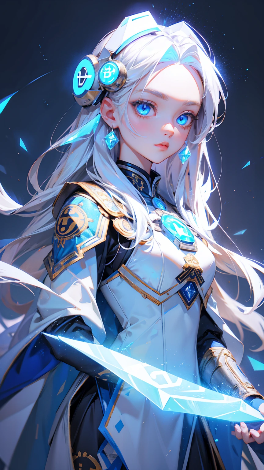 a logo with cute girl blue eyes, bitcoin symbols in eyes, forehead bitcoin symbols, long white hair, wearing ancient Asian armor and helmet with glowing crystals on top, grey background