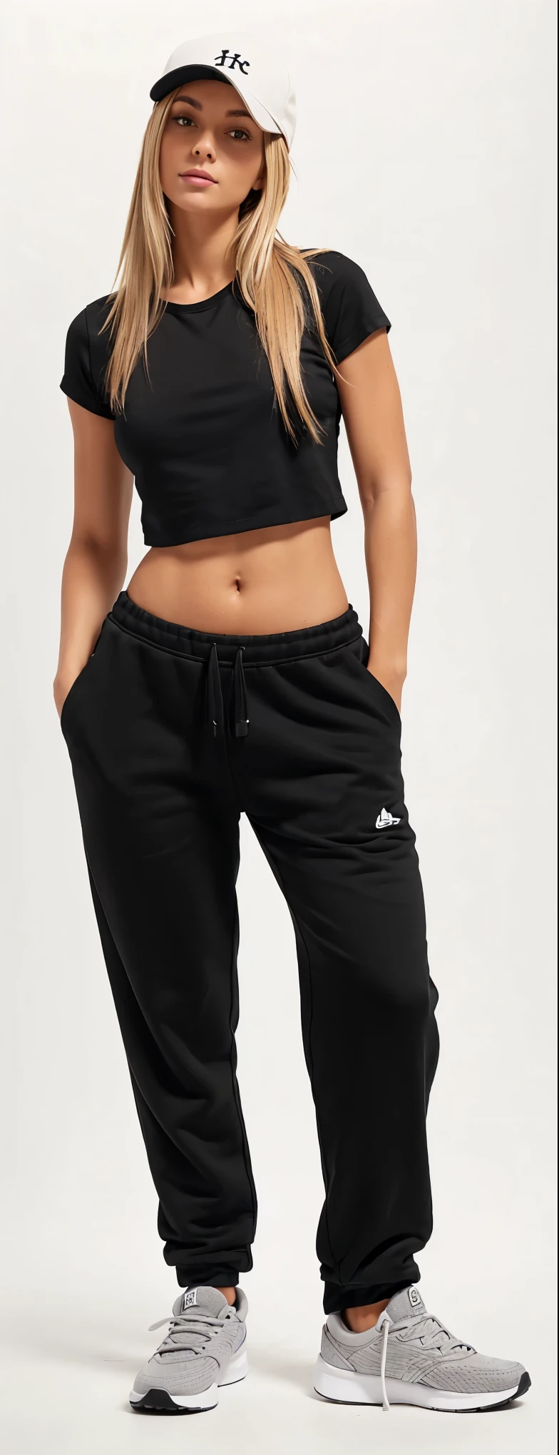 a woman wearing a baseball cap with a black top and sweatpants poses for a photo, black sweatpants, high waist sweatpants, black pants, cut out, black pants, Physicist : smallest belly ever, sport pants, classic vibes, female outfit, baggy black pants, casual outfit, 2 4 old female model, Waist slender