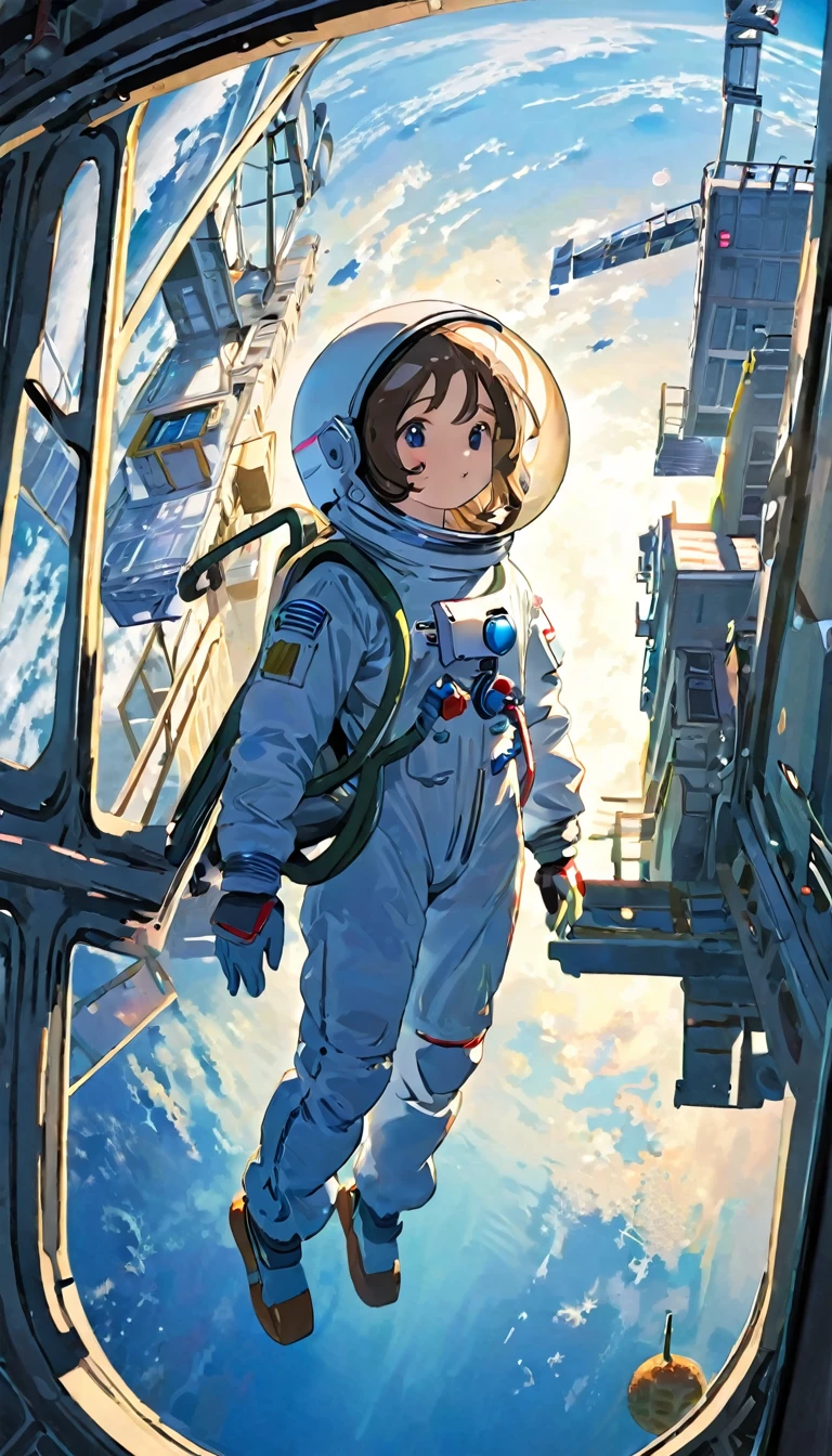 Highest quality、masterpiece、High resolution、RAW Photos、break、Perfect Anatomy、One Girl、Reflective helmet、Put on a helmet、Astronaut suits that fit snugly against the skin、２０talent、Zero Gravity Swimming、Space Station、Experimental building、Complex Measurements、Detailed Description、近未来のSpace Station、break、Earth seen from the window、Beautiful Earth、Blue Earth、